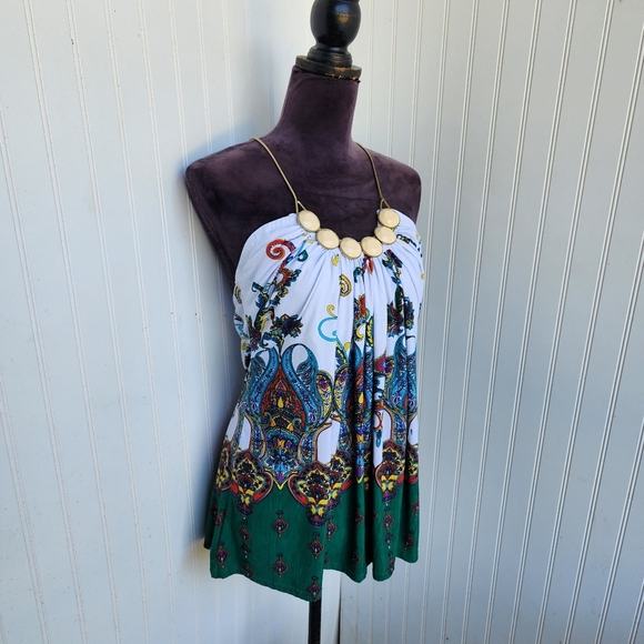 Silvers ute Halter  Jeweled Top Blouse Sleeveless Green White Paisley Chain Sz L - Picture 2 of 14